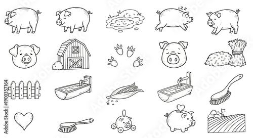 A charming collection of hand-drawn farm-themed illustrations featuring pigs, a barn, fences, and other rural elements.