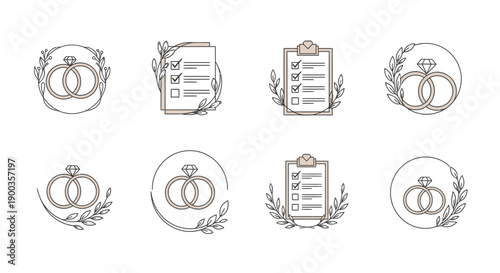 Collection of elegant wedding icons featuring intertwined rings and checklists, framed by delicate floral elements and laurel wreaths.