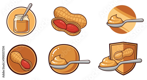 A collection of six circular and shield-shaped icons featuring peanut butter in jars, on spoons, and whole peanuts.