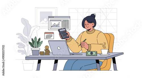 Woman Working on Laptop and Holding Phone.