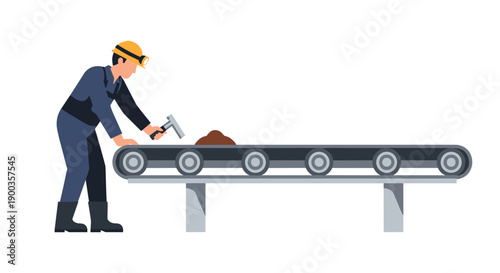 Worker Inspecting Products on Conveyor Belt.