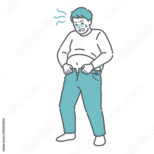 太ってズボンが入らない男性のイラスト（肥満・メタボ・リバウンド）