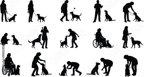 Dog, training, silhouette, owner, pet, interaction, obedience, walking, care, companionship, people, animal, behavior, lifestyle, outdoor, activity, black, white, isolated, concept