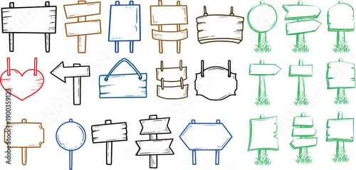 Wooden Signboard Doodle Vector Set with Hand Drawn Arrow Plaques and Direction Signage