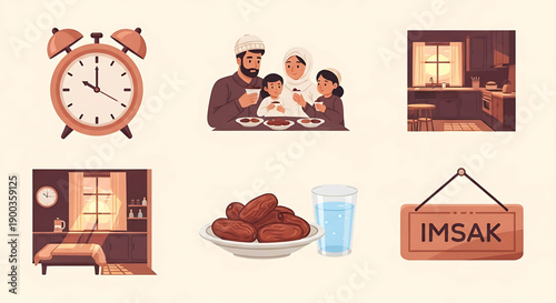 Ramadan Icons Imsak, Family Meal, Alarm Clock, Dates, and Kitchen Scene