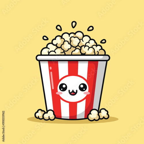 Cartoon popcorn bucket with smiling face.