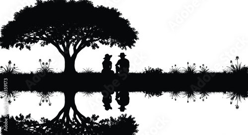 Couple sitting under tree silhouette with reflection, peaceful nature scene, love companionship moment, romantic outdoor landscape, black silhouette illustration