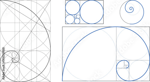 Fibonacci Golden Ratio Spiral Vector with Rectangle Grid Proportion Diagram