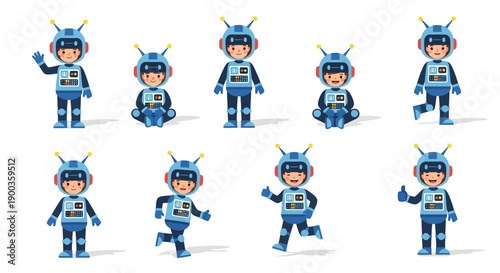 Illustration of diverse cartoon robots performing various actions in a clean white environment from a straightforward viewpoint