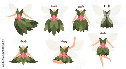 Dancer illustrations in various poses with green costumes and wings, showcasing movement and elegance in a stylized setting