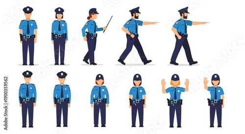Collection of cartoon police officers in various poses and actions on a plain white background