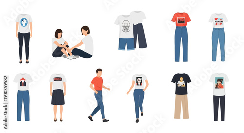 Illustrations of people wearing casual clothing and interacting in various poses on a clean white background from a front viewpoint