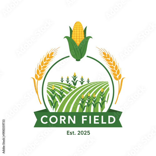 Agricultural farm emblem with corn and wheat crops, representing rural harvest