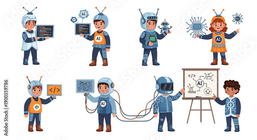 Robots collaborating with humans on creative projects, surrounded by digital devices and art supplies, in a modern studio setting from a straightforward viewpoint