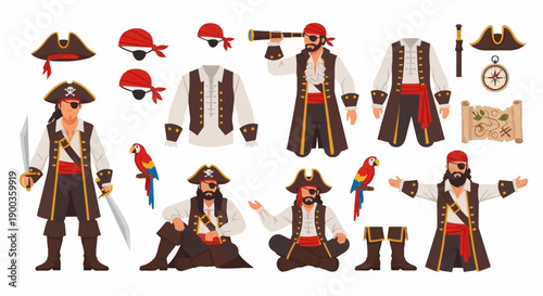 Pirate character illustrations and accessories in various poses and outfits