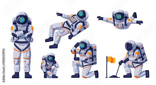 Astronaut performing various actions in space suit from multiple viewpoints