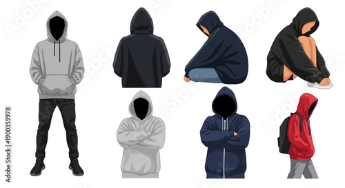 Illustration of various hooded figures showcasing different clothing styles and poses from multiple viewpoints