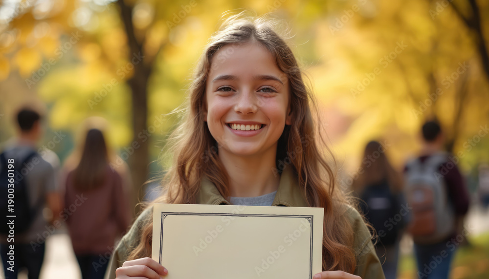 Fototapeta premium Smiling teen girl holds blank certificate outdoors with friends blurred in background. Autumn leaves, golden sunlight, signifying achievement and happy school graduation day.