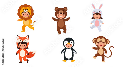Collection of cartoon animals in costumes on a plain background from a direct viewpoint