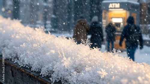 Snowflakes gently falling on a city street railing with people walking in the background near an ATM booth on a cold winter day