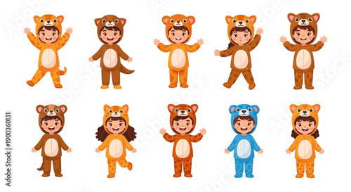 Children in animal costumes standing in a grid on a white background, viewed from directly above, showcasing various bear and animal onesies.
