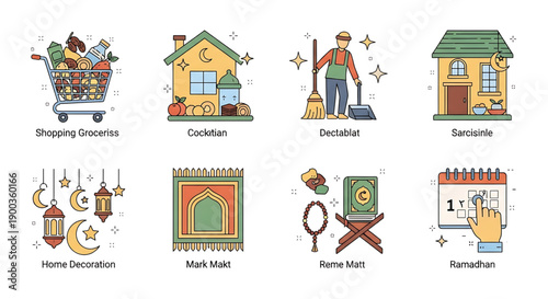 Collection of Islamic and Home-Related Icons Ramadan, Prayer Mat, Shopping, and More