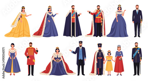 Royal Couple and Attendants Standing in Formal Attire, Vector Illustrations