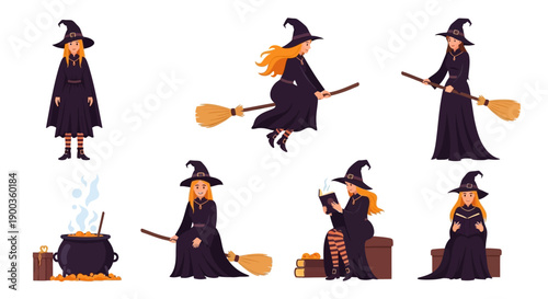 Witches in various poses with brooms and cauldrons in a mystical environment