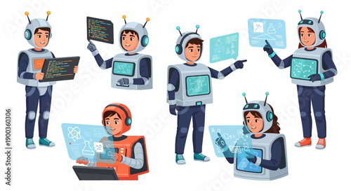 Diverse group of cartoon robots engaging with technology and digital media in a futuristic setting, vector illustration