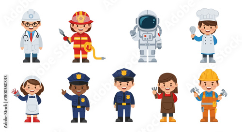 Diverse professions illustration featuring doctor, firefighter, astronaut, and various occupations in a grid layout