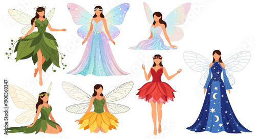 Collection of illustrations featuring fairies in various colorful dresses and poses