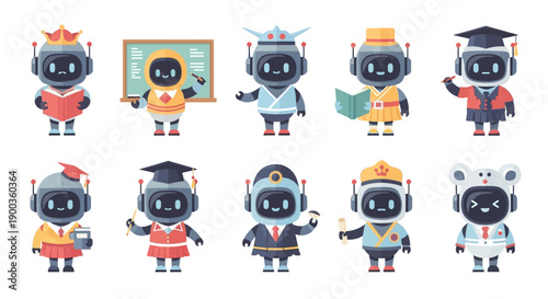 Collection of cartoon robots in various costumes and professions displayed together in a grid layout illustration