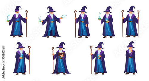 Wizard illustrations in various poses and actions, showcasing magical abilities and staffs, presented in a clean and simple style.
