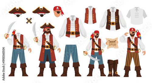 Pirate character design concept illustration showcasing various costumes and accessories on a clean white background