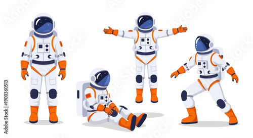 Astronauts in various poses and activities, showcasing space suits and equipment in a vector illustration