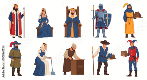 Medieval characters in various attire and professions displayed in a grid layout illustration