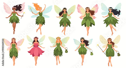 Collection of diverse fairies in various poses and outfits, showcasing fantasy characters in a vector illustration.