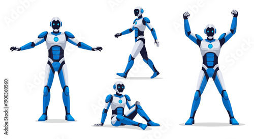 Futuristic robot poses in various dynamic positions on a plain background, showcasing flexibility and movement.
