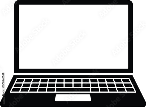 Laptop computer icon illustration with keyboard and touchpad, technology device outline, digital equipment design, black and white graphic flat vector