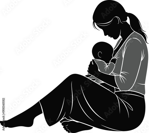 Mother, breastfeeding, baby, silhouette, maternal, love, bonding, nurturing, care, parenting, motherhood, intimacy, family, childcare, tenderness, minimal, black, vector, illustration, design