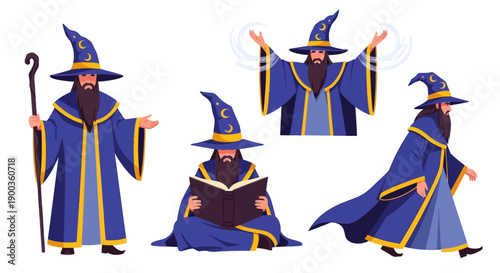 Illustration of wizard in various poses with magical actions from different viewpoints