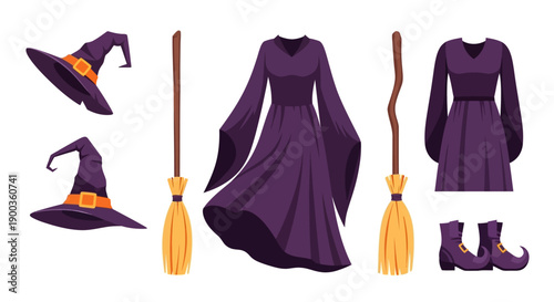 Witch costume elements including dress, hat, broomstick, and boots arranged in a flat lay style illustration