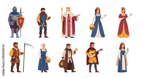 Medieval people in various costumes and occupations standing together in a flat illustration, viewed from the front