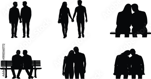 Romantic couple silhouette set showing love moments, walking together, sitting on bench, intimacy, relationship bonding, lifestyle concept, minimal black vector illustration