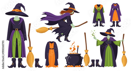 Witches illustration set flying on brooms near cauldron with magic, fantasy scene, vector graphics