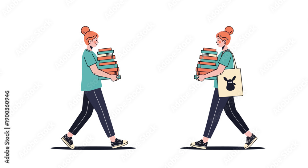 Fototapeta premium Delivery person walking with packages and bag, viewed from side, in a simple illustration style