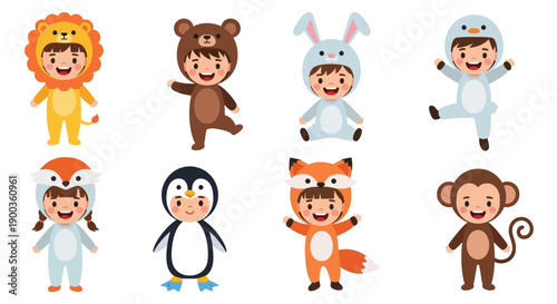 Children in various animal costumes posing playfully in a row, showcasing creativity and fun in a studio setting