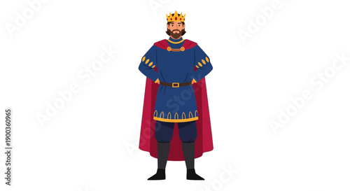 A regal king stands proudly wearing a crown and cape in a formal illustration