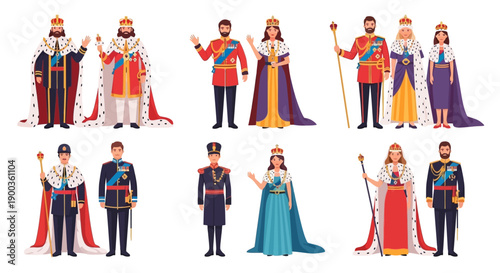 Royal Family Members Standing Together in Regal Attire, Illustration Featuring Kings, Queens, Princes, and Nobles in Formal Wear
