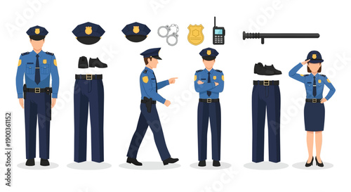 Uniformed Police Officers and Equipment Illustration Featuring Various Stances and Accessories